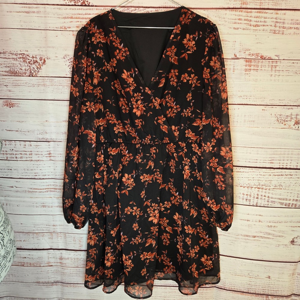 Cupshe NEW Black Floral Print V Neck Long Sleeve Dress Women's XXL‎